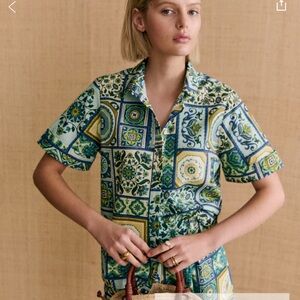 Sezane x Momoni Livia Blue and Green Patterned Button Down Shirt